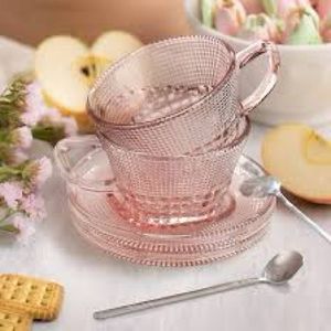 Sheer blush pink stainless glass tea cup w/ matching saucer
